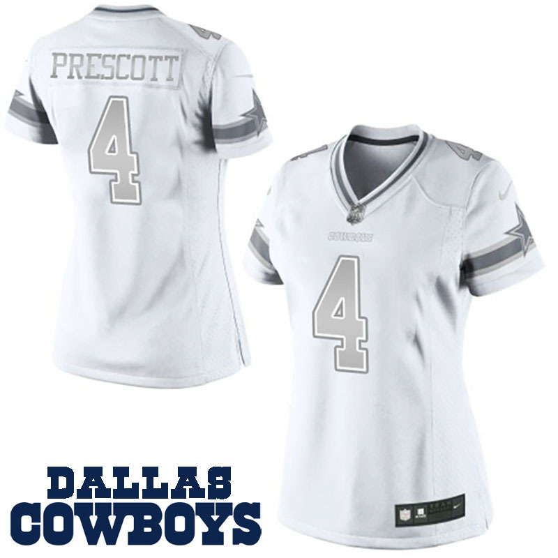 women dallas cowboys #4 dak prescott white platinum limited jersey->->Women Jersey